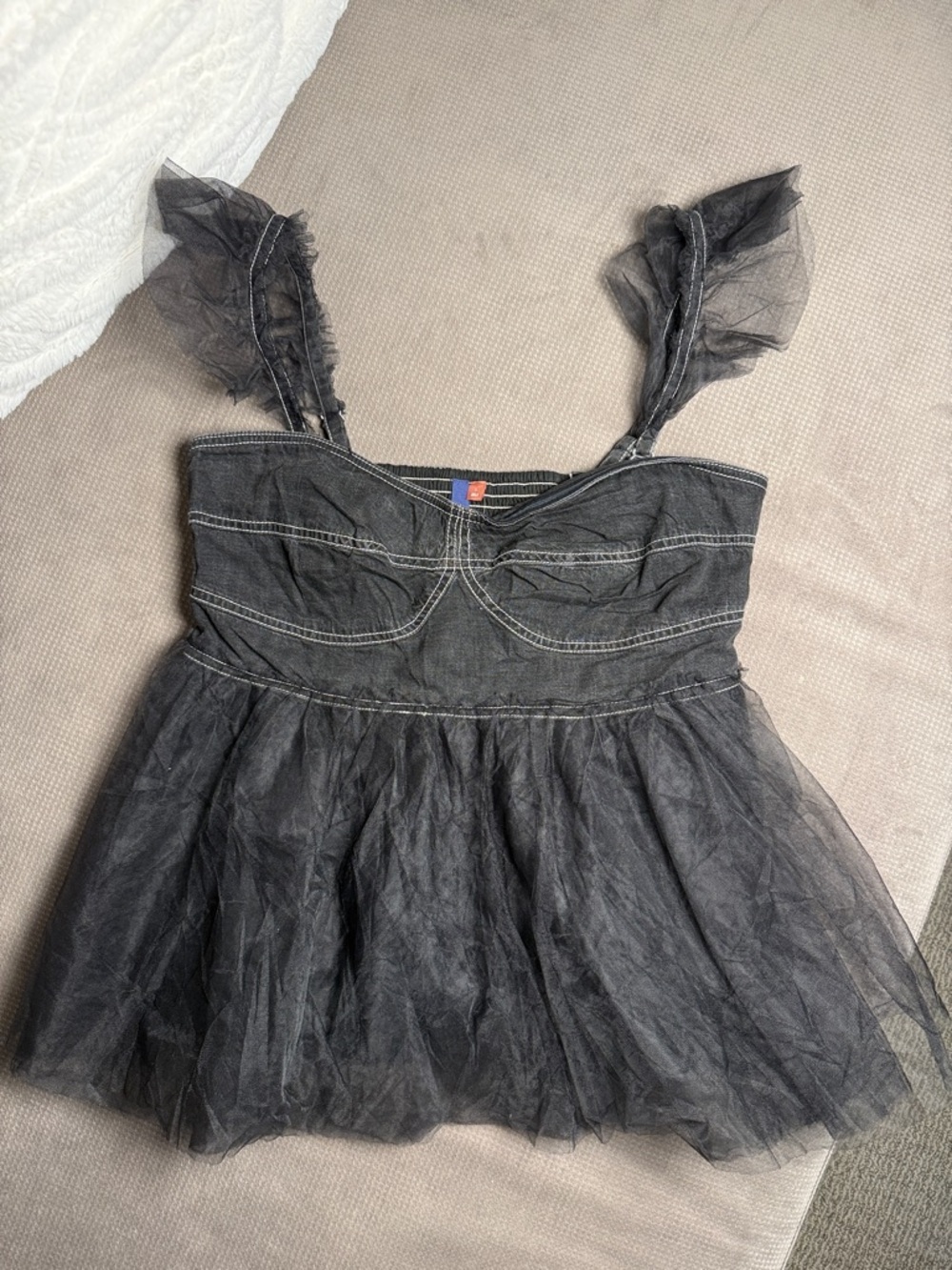 Pilcro Anthropologie Black Striped Smocked-Waist Denim and Tulle Top